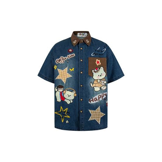 3MODE SISTER Blue Denim With Brown Collar Star Cartoon Patch Imported Unisex Shirt 206