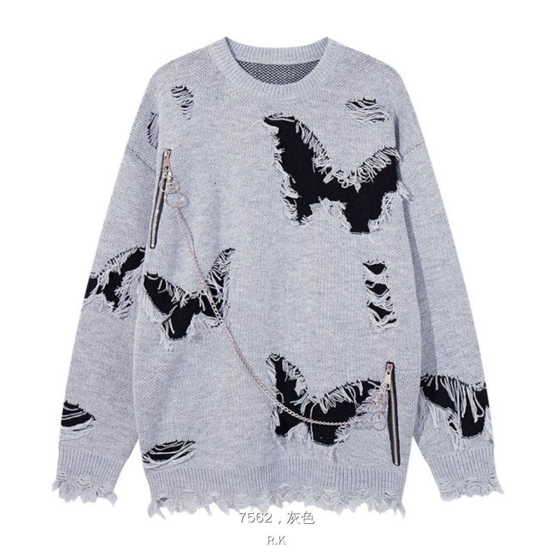 LET’S ROCK Grey Important Ripped Crew Neck Oversized Unisex Knit Sweater 7562