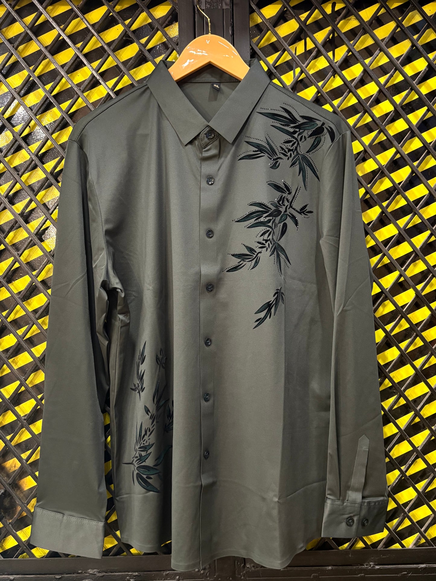 Oliver Green Leaves Stone Printed Full Sleeve Stichless Strachable Shirt 7532