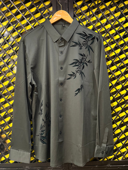 Oliver Green Leaves Stone Printed Full Sleeve Stichless Strachable Shirt 7532