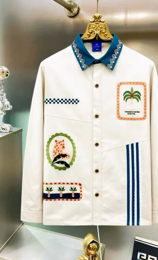 CHLEN/RTEEL Beige Colour With Green Coller CHLEN TOMORROW Embroidery Full Sleeve Imported Oversized Unisex Shirt Yh767