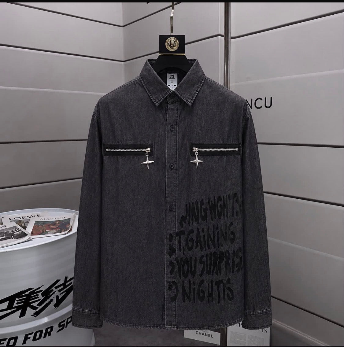 Gunot Fashion Grey Colour Black  Print Zip Pocket Full Sleeve Imported Men’s Shirt 2008