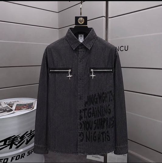Gunot Fashion Grey Colour Black  Print Zip Pocket Full Sleeve Imported Men’s Shirt 2008