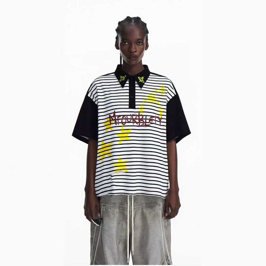 M Four  White Black Stripe Yellow Red Colour Print Baggy Look T-Shirt 26SS-046