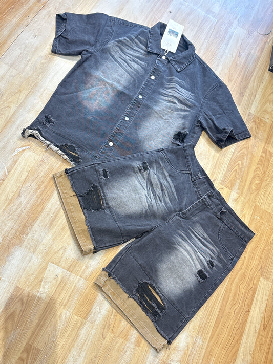 Black Grey Rugged Half Sleeve Shirt With Shorts Denim Coord Set 7723