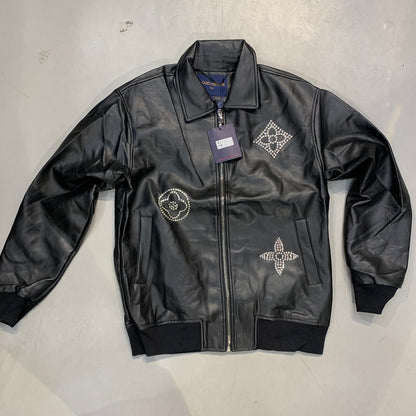 UOL LOU Black Italian Leather With Metal Studded VL Logo Premium Quality Imported Collar jacket 606