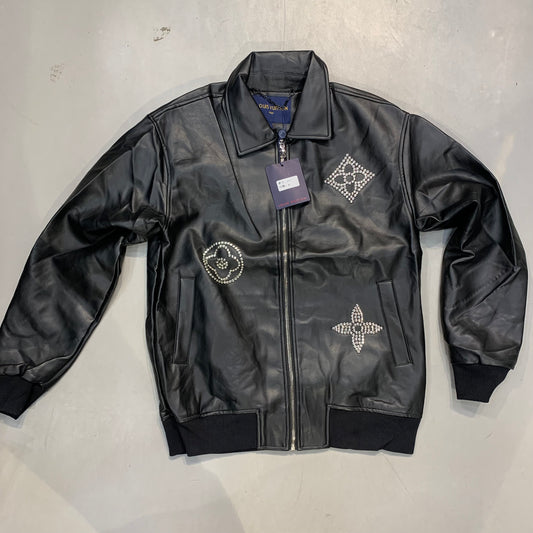 UOL LOU Black Italian Leather With Metal Studded VL Logo Premium Quality Imported Collar jacket 606