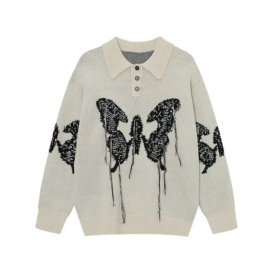 LET’S ROCK Cream Important Ripped Collar Oversized Unisex Knit Sweater 7571