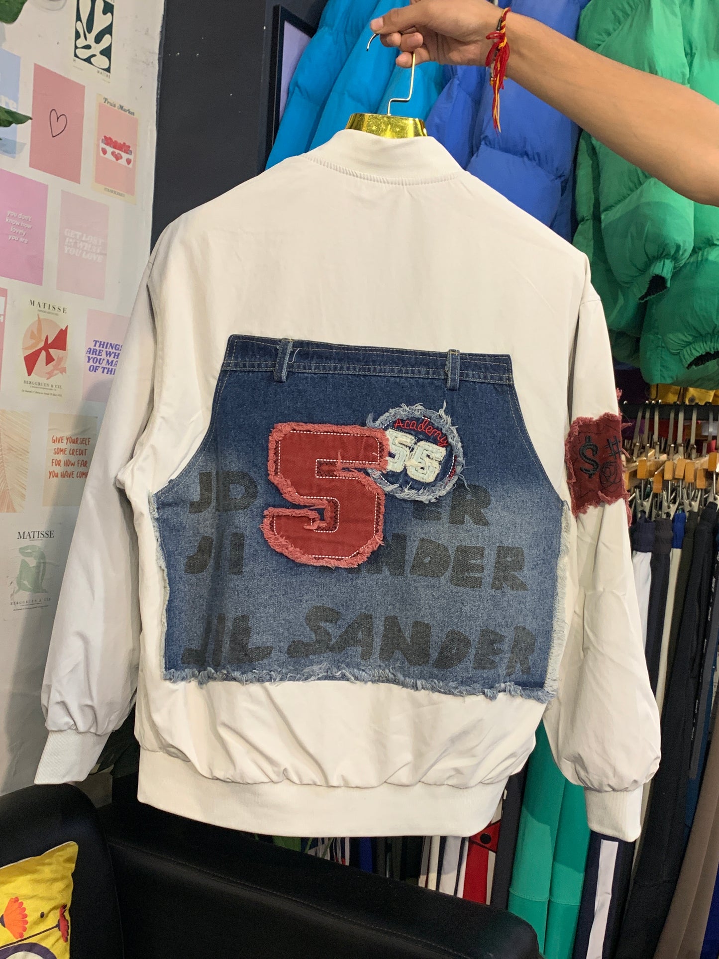 BRAND RACING CLUB White Colour With Rugged Blue Denim Embroidery Design Premium Quality Unisex Varsity Jacket 012