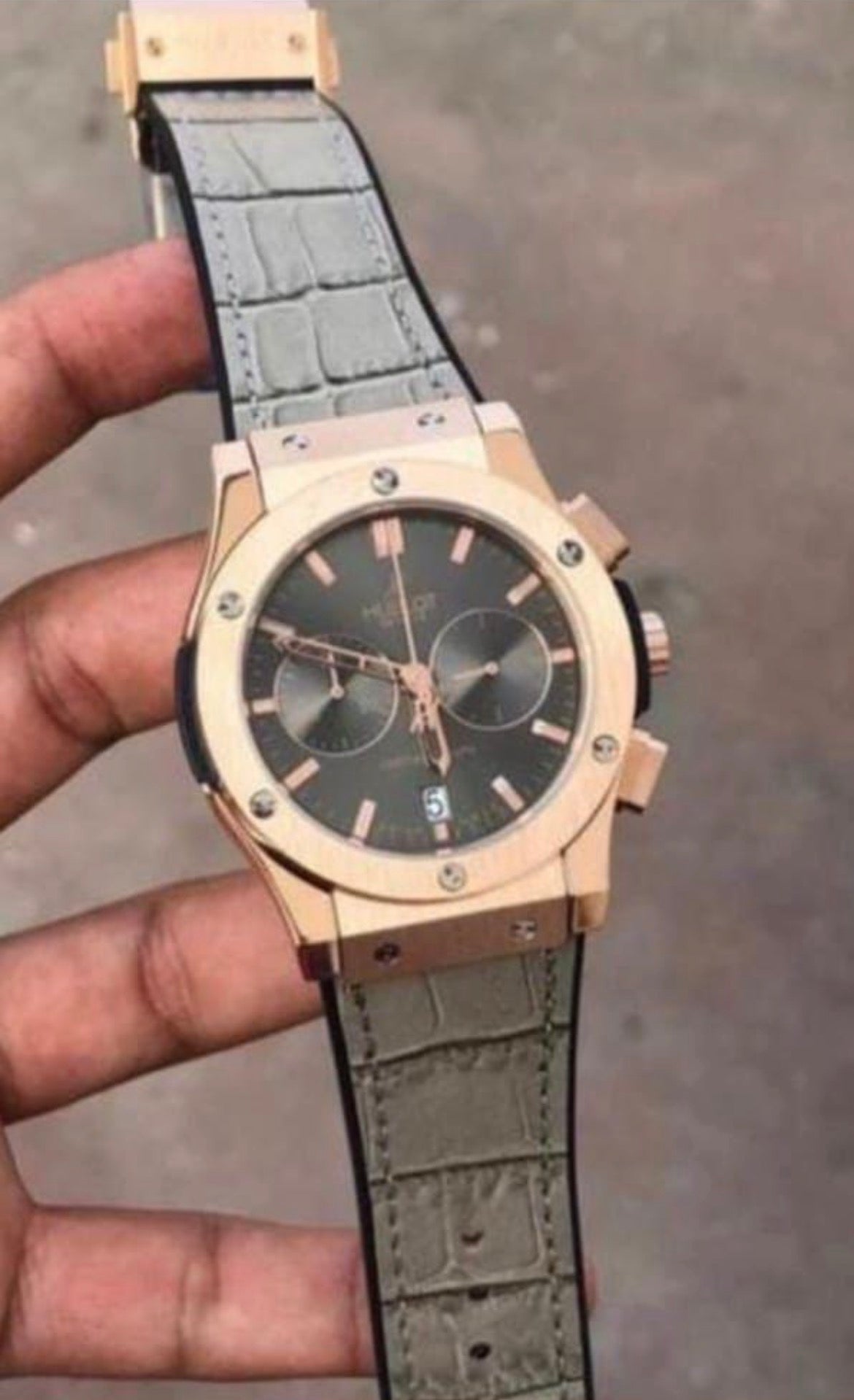 Buh Grey Leather Strap Grey Dial Copper Ring Men Watch 901736
