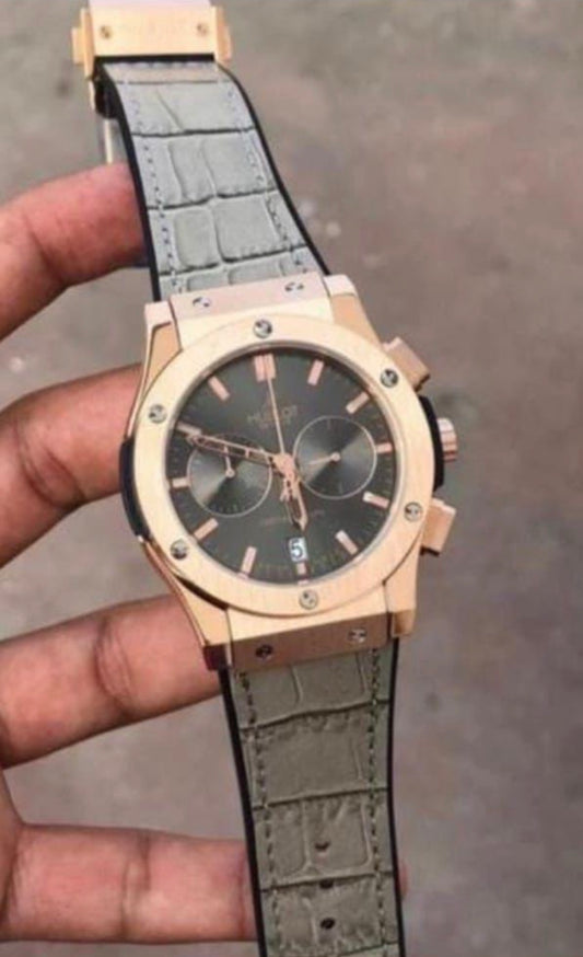 Buh Grey Leather Strap Grey Dial Copper Ring Men Watch 901736