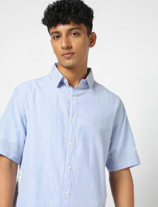 ZR Sky Blue Colour Line Design Half Sleeve Shirt 28034