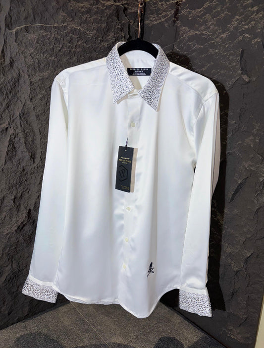 IHP White Colour Shirt Collar & Sleeve Stone Work  H1118