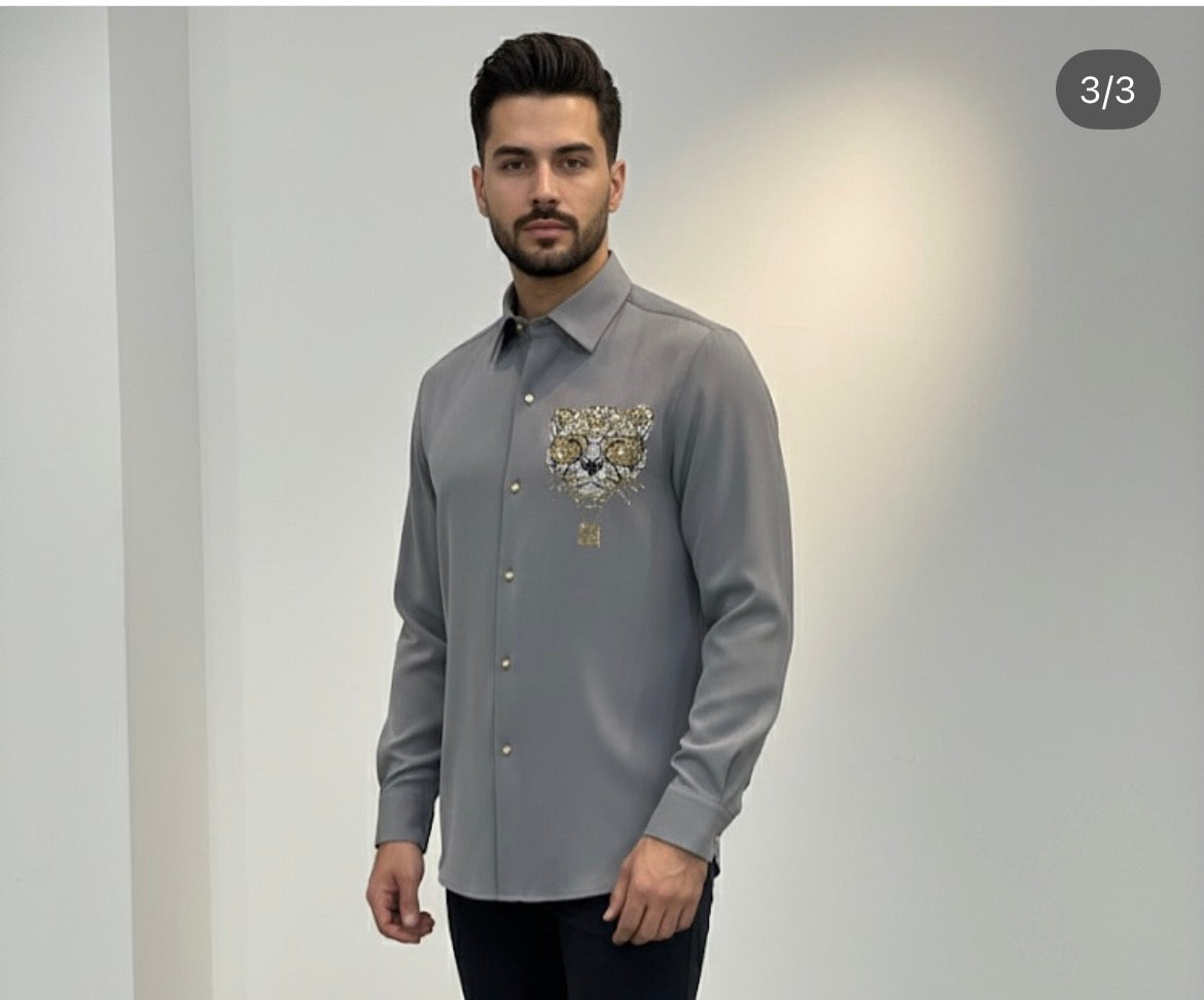 AQUARIUS Grey Colour Cat Golden Silver Gold Stud Design Premium Quality Full sleeve Shirt 2570
