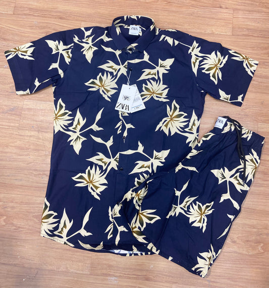 RAZ Navy Blue Colour Yellow Flower Print imported Half Sleeve Shirt with Shorts Coord Set 77759