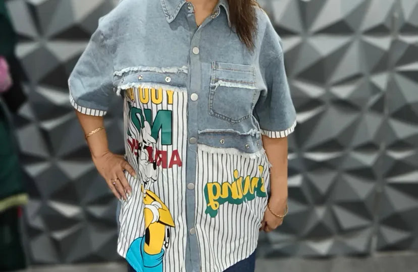 SWING Denim Blue White Cartoon Print Premium Quality Imported Unisex Freesize Oversized Shirt 1399