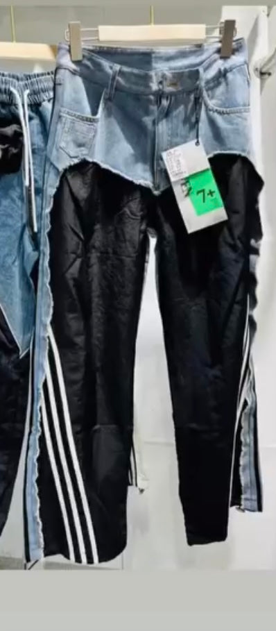 MARTHA YOKA Faded Black With Blue Denim Side White Strip Premium Quality Imported Baggy Fit Lower 83256