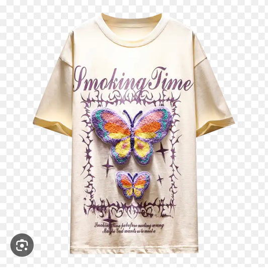 Smoking Time Beige Colour With Butterfly Print Premium Quality Tshirt 2633