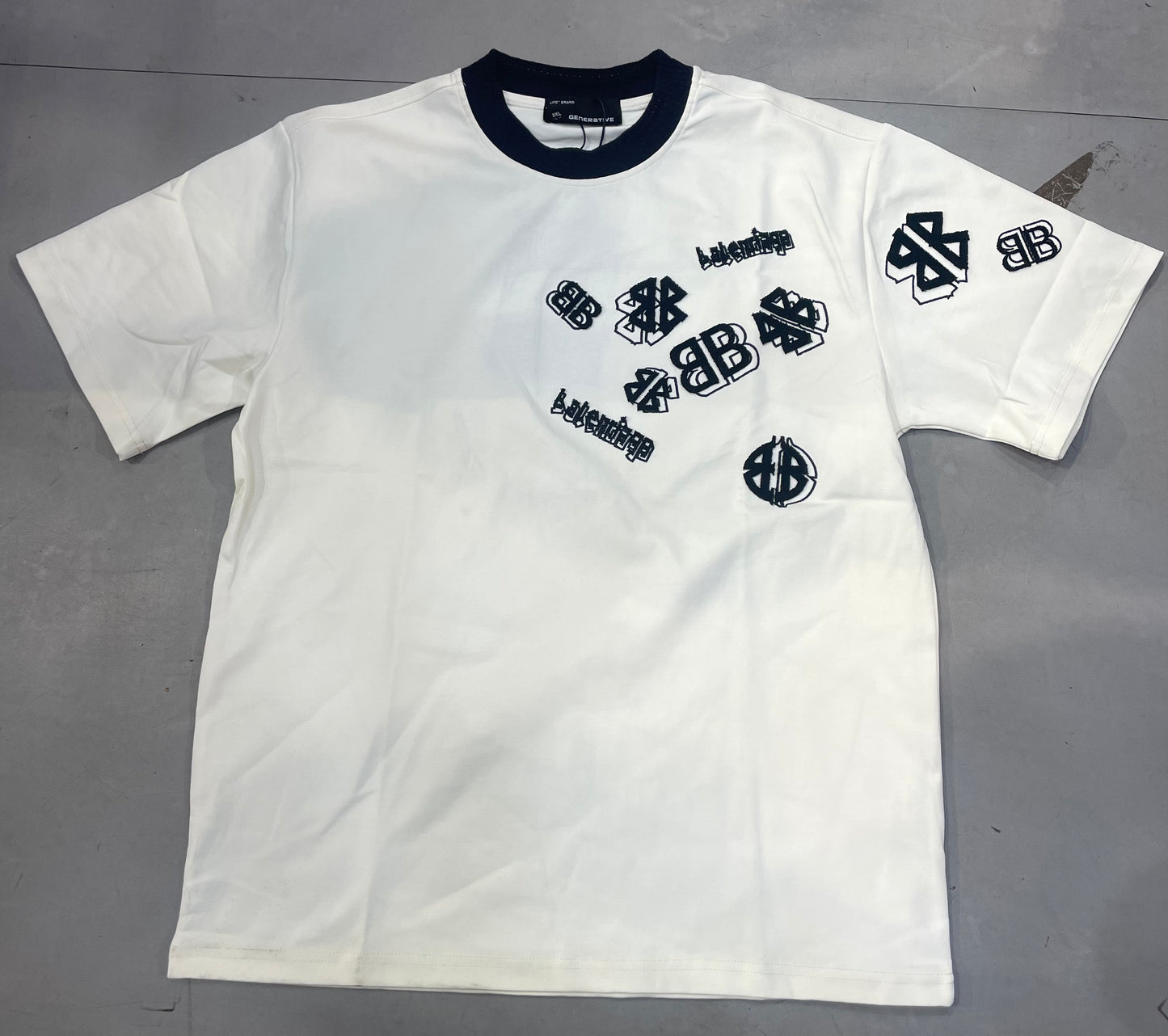 GENERATIVE White Colour Black Round Collar BB Print Embroidery Work Imported Unisex T-shirt 1909