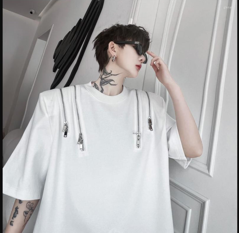 M-87 Studio White Colour With Chain in the Shoulder Premium Quality Drop Shoulder Tshirt 63667