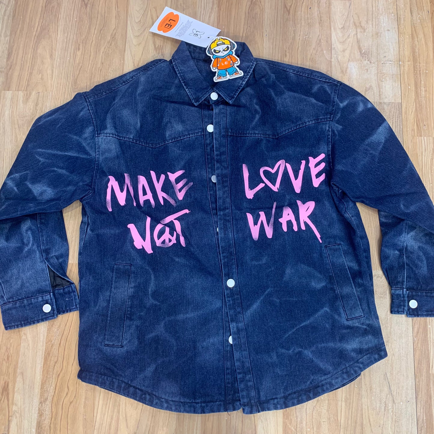 Denim Jacket Blue Colour pink Printed Make Love Not War Black Colour 80847