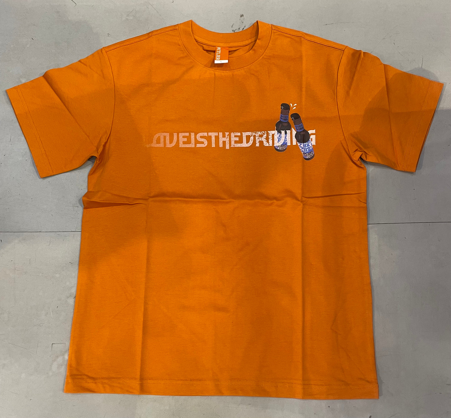 OUTLIER orange Colour Lucky Cider Bottle Print Stone Work Round Neck Tshirt OL521
