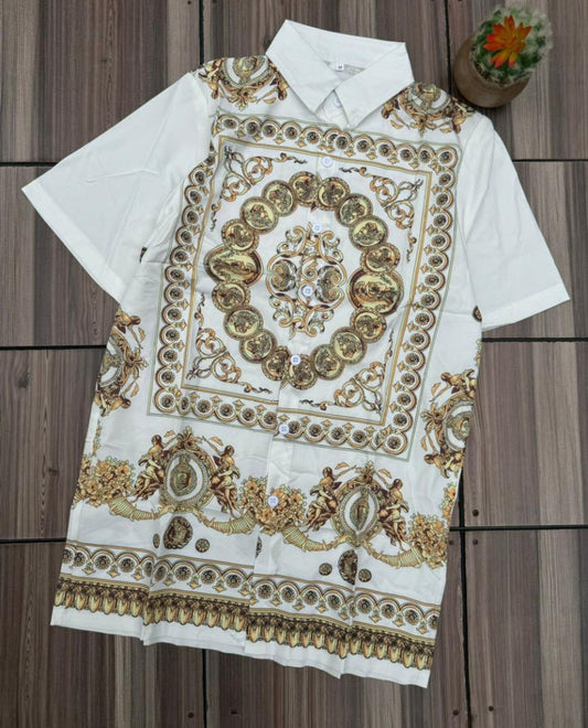 REV White Colour With Front Gold Print Premium Quality Half Sleeve Shirt 2801