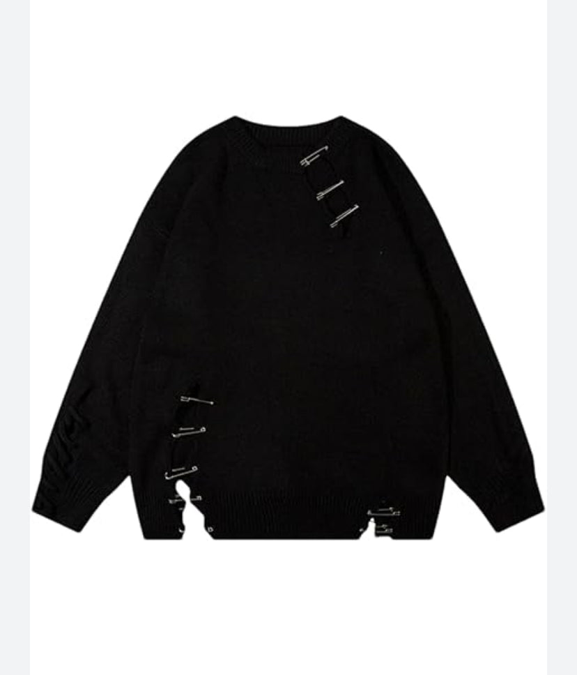 Important Ripped Crew Neck Knit Sweater Loose Fit K9071