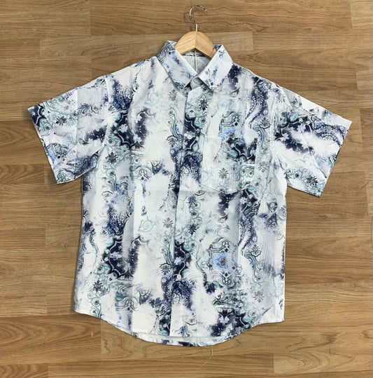 NF Studios White Colour Blue Green Print Premium Quality Half Sleeve Shirt 9305