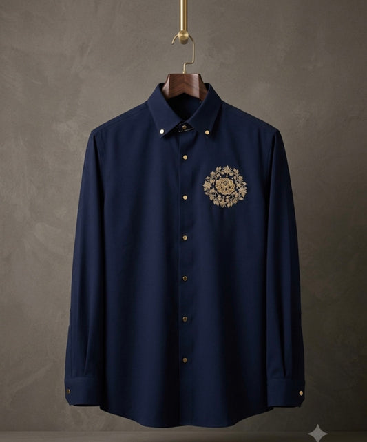 Aquarius Navy Blue Colour Golden Stone Flower Deer Print Premium Quality Japanese Shirt 991409-A