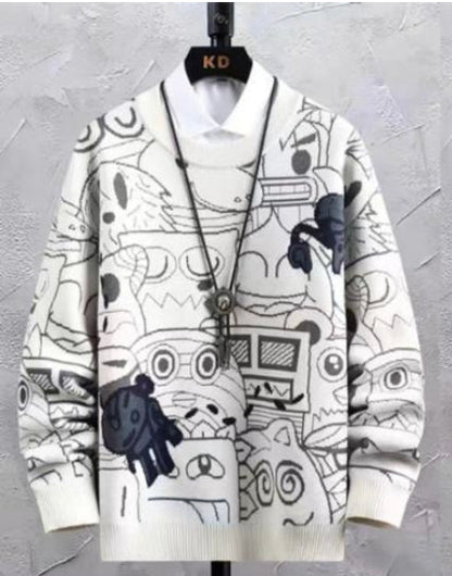 White Colour With Cartoon Print Premium Quality Oversized Unisex Sweater 93316