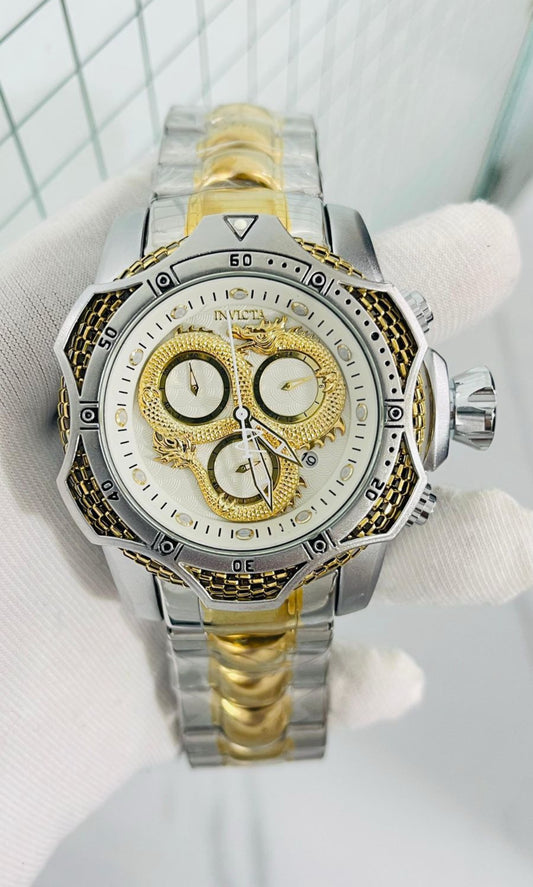 Vin INV Gold Silver Chain Silver Ring Black Golden Dial Heavy Man Watch 990408