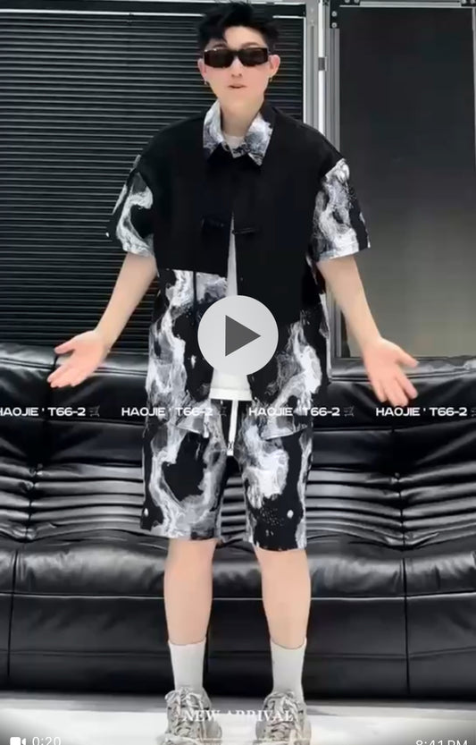 Shirt & Shorts White Black Coord Set T66-1