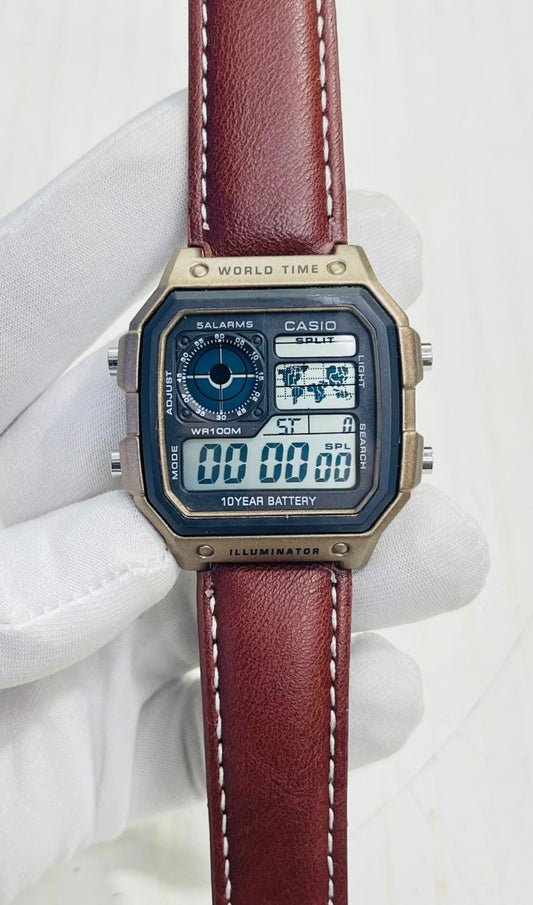 SAC Brown Leather Strap Copper Black Dial Watch digital square Sports Watch 989869
