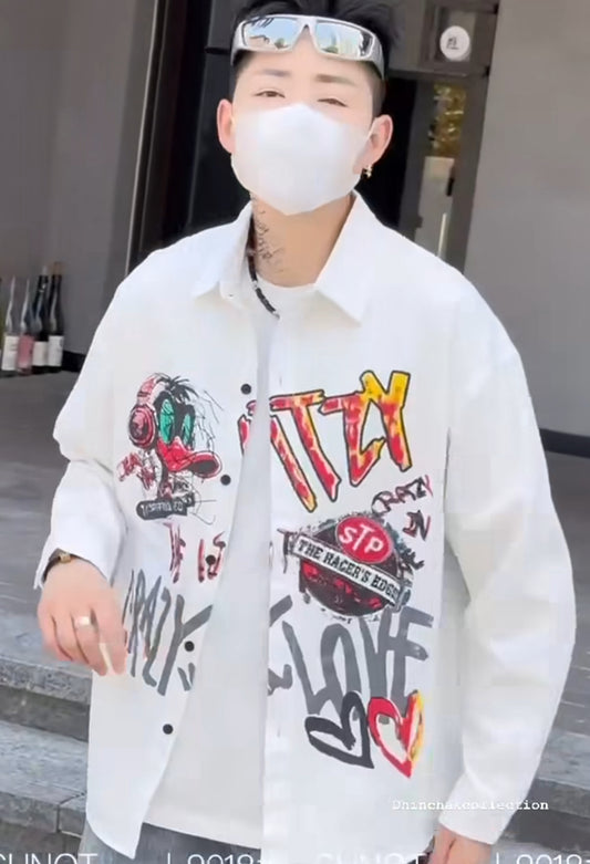 G.N White Colour THE RACER’S EDGE Printed Oversized Men’s Shirt 9018