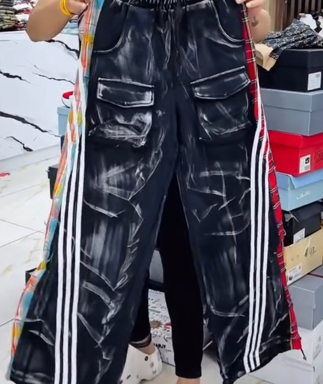 MARTHA YOKA Faded Black With Side Red Yellow Check Stripe Premium Quality Imported Baggy Fit Lower 83289