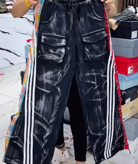 MARTHA YOKA Faded Black With Side Red Yellow Check Stripe Premium Quality Imported Baggy Fit Lower 83289