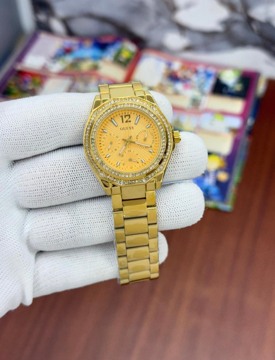 EUG Golden Chain Golden Stud Dial Chronograph Working Ladies Watch 990243