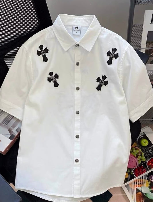 VOGUE DESIGN RHC CHR White Colour With Leather Patch Half Sleeve Drop Shoulder Imported Men’s Shirt 2726