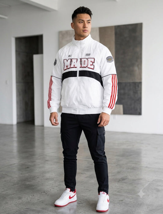 MADE White Colour With Red Black Embroidery Premium Quality Unisex Jacket 268-18