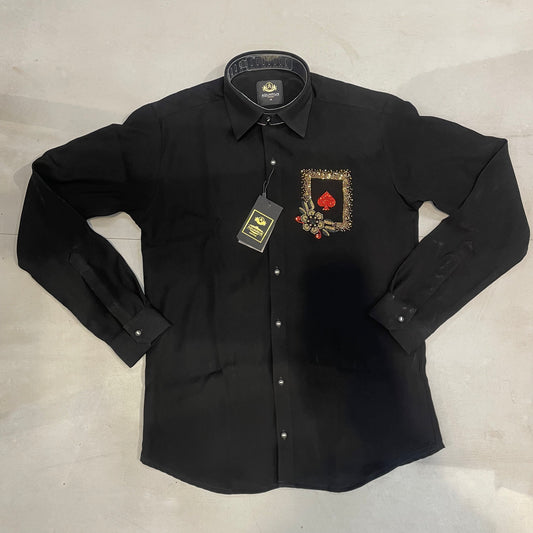 AQUARIUS Black Colour Cards Gold Black Red Stud Design Premium Quality Full sleeve Shirt 2578