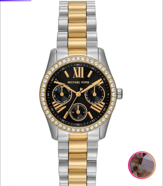 CIM Silver Gold Chain Gold Stud Ring Black Dial Ladies Watch 990100