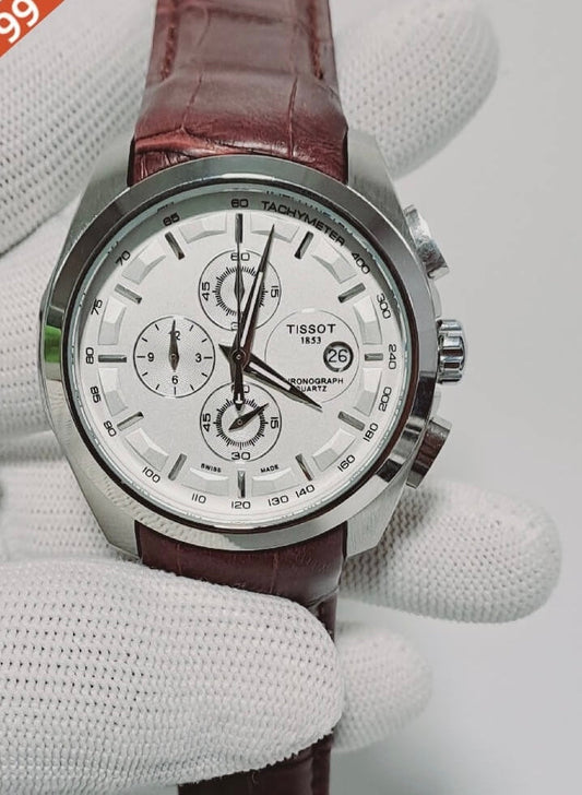 SIT Brown Strap Silver Ring White Dial Chrono Working Men Watch 987957