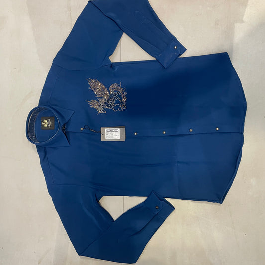 AQUARIUS Teal Blue Colour Unicorn Gold Blue Stud Design Premium Quality Full sleeve Shirt 2577
