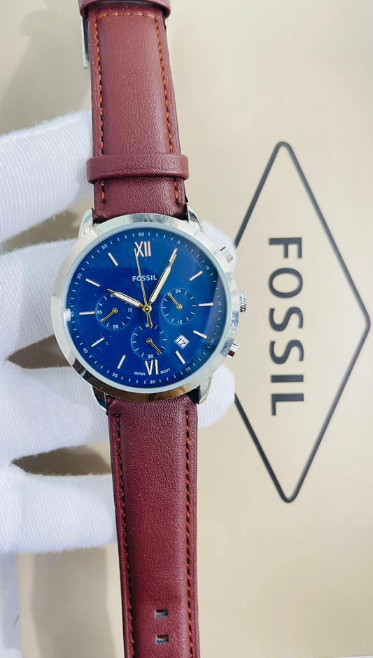 Sof Brown Strap Silver Ring Blue Dial Chrono Working Watch For Men 990092