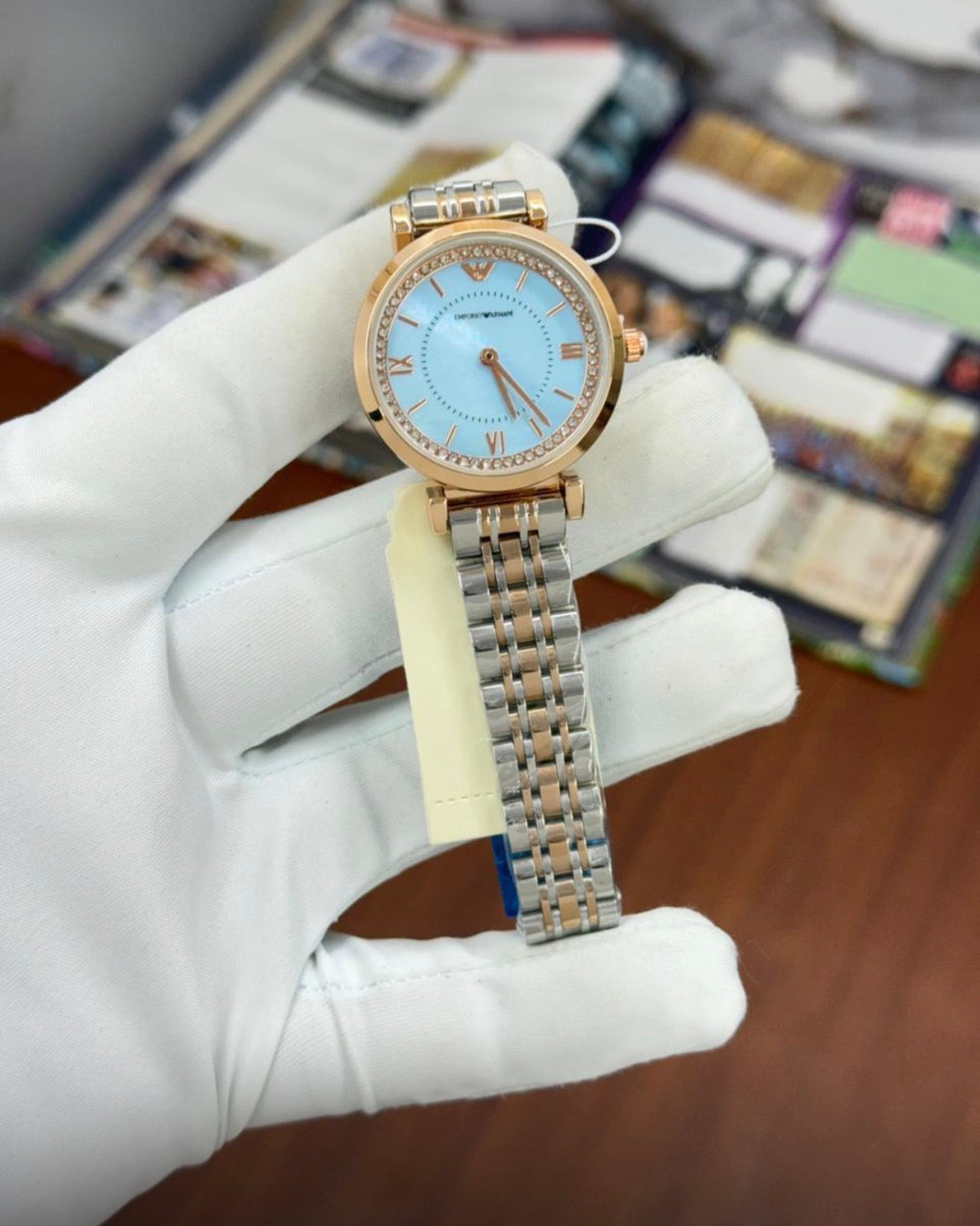 Mra Silver Copper Chain Copper Stud Light Blue Dial Ladies Watch 990204
