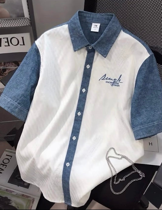 VOGUE DESIGN Simple HNOWLEDOE Cream Colour With Blue Denim Half Sleeve Drop Shoulder Imported Men’s Shirt 2666