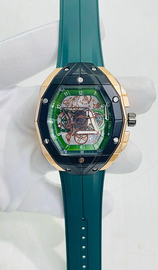 Buh Green Silicon Strap Copper Black Ring Diamond Dial 990412