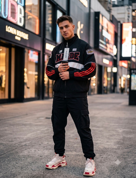MADE Black Colour With White Red Embroidery Premium Quality Unisex Jacket 268-18