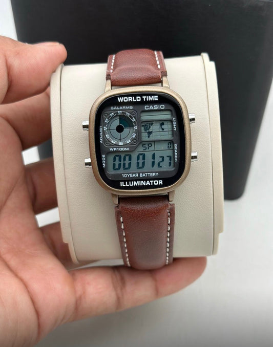 SAC Brown Leather Strap Copper Black Dial Watch digital square Sports Watch 990293